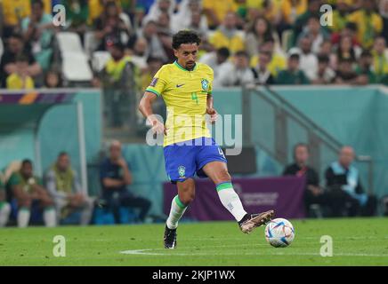 24th novembre 2022, Khalifa International Stadium, Doha, QAT, Coppa del mondo FIFA 2022, Gruppo G, Brasile vs Serbia, nella foto il difensore del Brasile Marquinhos Foto Stock