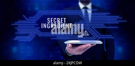 Didascalia concettuale ingrediente segreto. Parola per tecnica speciale o materiali utilizzati da un'azienda nella fabbricazione dei suoi prodotti Foto Stock