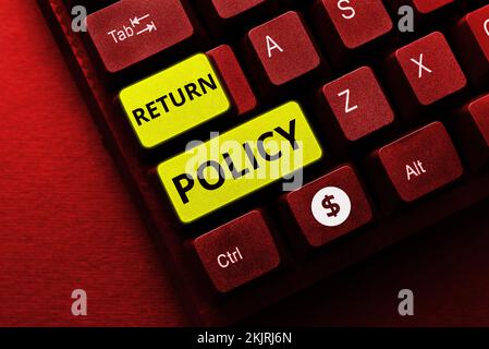 Didascalia di testo che presenta la politica di restituzione. Concetto che significa rimborso fiscale Termini e condizioni di vendita al dettaglio per l'acquisto Foto Stock