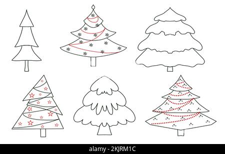 Set di alberi di Natale. Disegno a mano. Isolato su sfondo bianco Foto Stock