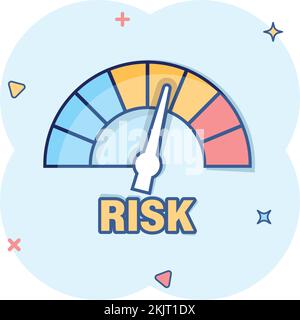 Icona del Risk Meter in stile fumetto. Illustrazione del vettore cartoon indicatore di valutazione su sfondo isolato bianco. Indicatore di livello carburante effetto spruzzi conc. Business Illustrazione Vettoriale