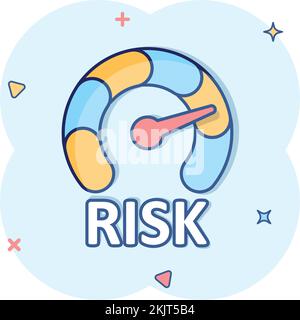 Icona del Risk Meter in stile fumetto. Illustrazione del vettore cartoon indicatore di valutazione su sfondo isolato bianco. Indicatore di livello carburante effetto spruzzi conc. Business Illustrazione Vettoriale