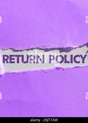 Didascalia di testo che presenta la politica di restituzione. Termini e condizioni di vendita al dettaglio per il rimborso fiscale sull'acquisto Foto Stock