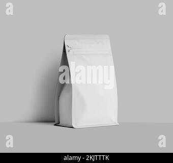 Mockup di una confezione bianca per chicchi di caffè, confezione con zip vicino alla parete, per design, motivo, branding. Modello per bustina da tè, confezione con prodotto, isolat Foto Stock