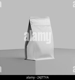 Beffa di un bicchier bianco per chicchi di caffè, una presentazione di una confezione zip su un cubo, primo piano, isolato su uno sfondo. Modello fazzoletto di rinforzo per astuccio per Foto Stock