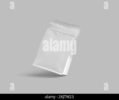 Modello di una piccola confezione bianca per chicchi di caffè, presentazione della zip sull'angolo, primo piano, isolata sullo sfondo. Imballaggio mockup per Foto Stock