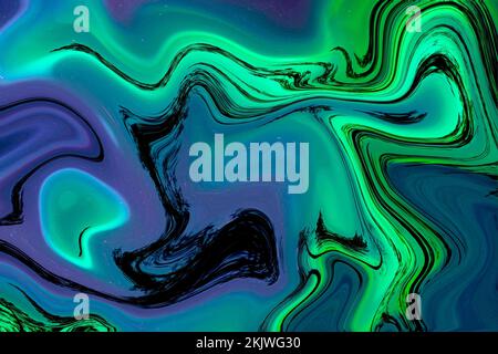 Onda astratta sfondo psichedelico con macchie al neon glitched, effetto di polarizzazione. Sfondo orizzontale luminoso per sfondo, poster, cartoncino Foto Stock