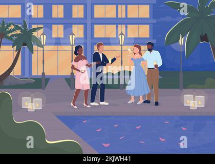 Festa serale di fantasia vicino alla piscina piatto colore figura vettoriale Illustrazione Vettoriale