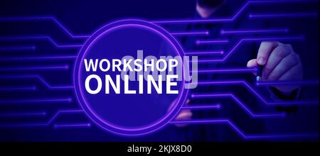 Manuale di testo Workshop online. Parola scritta sul locale o edificio in cui i beni sono fabbricati e riparati Foto Stock