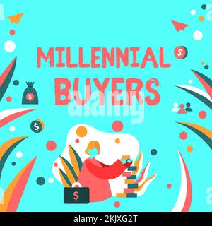 Cartello di testo che mostra gli acquirenti Millennial. Vetrina aziendale tipo di consumatori interessati a prodotti di tendenza Foto Stock