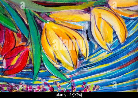 Vivace pittura acrilica originale multicolore primo piano che mostra il pennello e le texture della tela. Tulipani, fiori recisi. Foto Stock