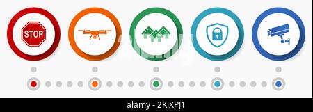 Set di icone vettoriali per la sicurezza domestica, pulsanti web per il design piatto della telecamera cctv, modello infografico Illustrazione Vettoriale