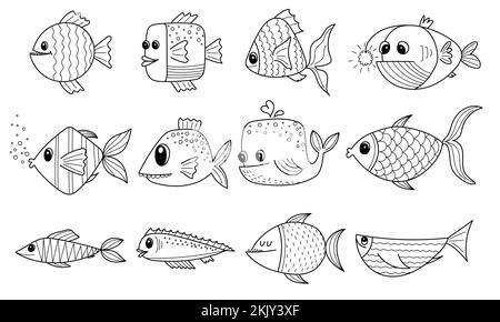 Set di pesce fumetto disegnato a mano. Simpatico divertente pesce astratto per bambini libro da colorare. Illustrazione in bianco e nero vettoriale isolata su sfondo bianco Illustrazione Vettoriale