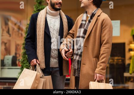 vista parziale di uomini gay sorridenti in abiti alla moda e sciarpe in piedi con borse per lo shopping in strada, immagine stock Foto Stock