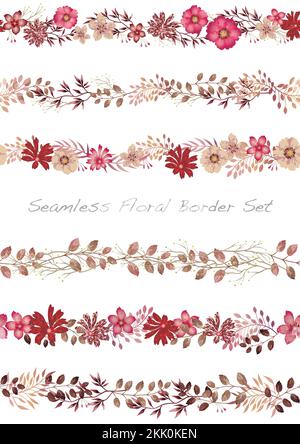 Seamless Vector Watercolor bordo floreale isolato su sfondo bianco. Ripetibile orizzontalmente. Illustrazione Vettoriale