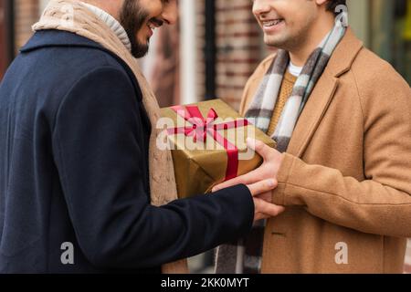 Vista ritagliata di una coppia gay sorridente in abiti alla moda che tiene la scatola regalo di Natale su strada sfocata, immagine stock Foto Stock