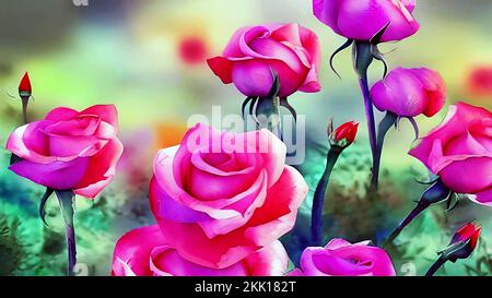 Acquerello pittura fiori rosa illustrazione, romantico disegno di fondo. Foto Stock
