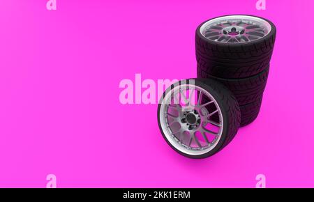 Un'illustrazione 3D di una ruota di automobile su sfondo rosa Foto Stock