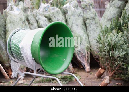 Pinne e tubo di rete blu al mercato agricolo, nessuna gente. Acquisto dell'albero di Natale e del concetto di trasporto. Messa a fuoco selettiva, primo piano, spazio di copia Foto Stock