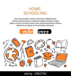 CONCETTO DI SCUOLA DOMESTICA vari rifornimenti della scuola per l'apprendimento degli allievi sul banner del vettore del Internet nello stile della mano del doodle disegnata con il vostro testo Illustrazione Vettoriale