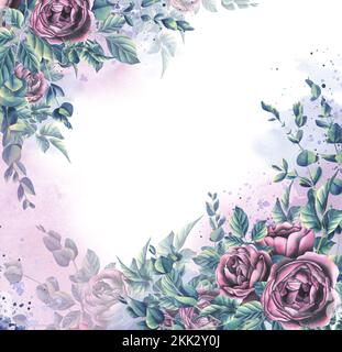 Disegno bianco con rose, foglie e rami di eucalipto su sfondo bianco. Illustrazione di acquerello. Un modello dai FIORI DI CERIMONIA NUZIALE Foto Stock