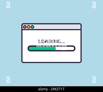Barra di avanzamento caricamento, cartello di caricamento, icone indicatore di caricamento, simbolo di precaricamento sul logo del sito del browser Web. Concetto aziendale. Aprire il browser Internet. Illustrazione Vettoriale