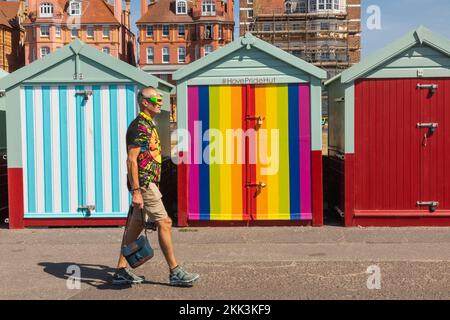 Inghilterra, East Sussex, Brighton, Brighton Pride Parade, Hove, Partecipante alla Parata che passa di fronte al rifugio Hove Pride Foto Stock