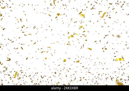 Nastri dorati, festive glitter su sfondo bianco, rendering 3D. Illustrazione digitale di coriandoli in oro su sfondo trasparente Foto Stock