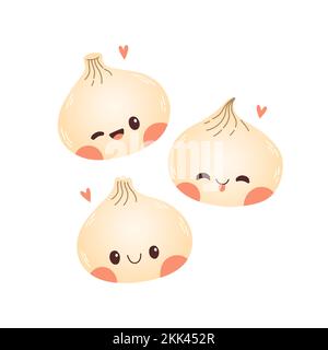Carino disegni vettoriali gnocchi di cartone animato. Gnocchi giapponesi tradizionali con volti sorridenti e divertenti. Kawaii vettore alimentare asiatico Illustrazione Vettoriale