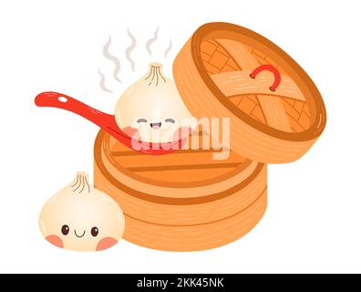 Carino disegni vettoriali gnocchi di cartone animato. Gnocchi giapponesi tradizionali con volti sorridenti e divertenti. Kawaii vettore alimentare asiatico Illustrazione Vettoriale