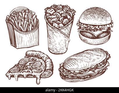 Prodotti fast food. Patatine fritte, burrito, hamburger, sandwich, pizze. Menu fisso del ristorante o della cena. Illustrazione vettoriale Illustrazione Vettoriale