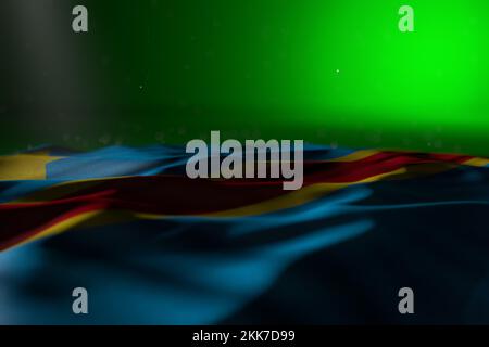 Bella qualsiasi vacanza bandiera 3D illustrazione - foto scura della Repubblica Democratica del Congo bandiera giacere su sfondo verde con bokeh e spazio vuoto per y Foto Stock
