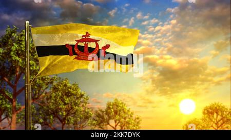 Bandiera di Brunei Darussalam al tramonto per la celebrazione nazionale - resa astratta 3D Foto Stock