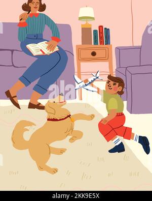 Famiglia felice a casa, madre, figlio e il cane nel soggiorno. Sera a casa. Accogliente illustrazione della scena familiare. Illustrazione vettoriale Illustrazione Vettoriale