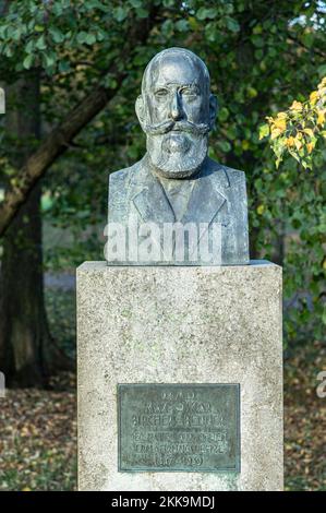 Bad Homburg, Germania - 2 novembre 2020: Statua del Dr. Bircher - Benner nel Kurpark di Bad Homburg, sponsorizzato dalla società della nutrizione sana w Foto Stock