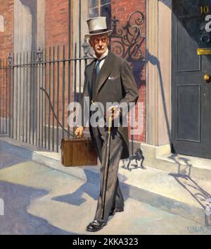 Ritratto completo di Neville Chamberlain, primo ministro del Regno Unito 1937-1940, in piedi di fronte a 10 Downing Street a Londra, Inghilterra, dipinto ad olio di Samuel Johnson Woolf ca. 1937 Foto Stock