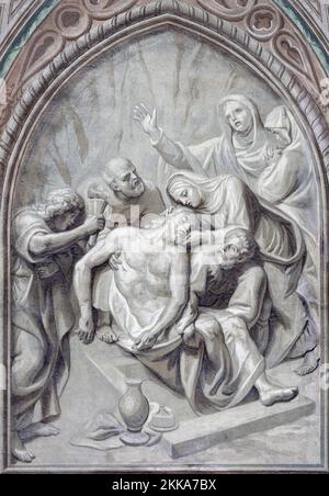 BIELLA, ITALIA - 15 LUGLIO 2022: Affresco di sepoltura di Gesù in Duomo di Giovannino Galliari (1784). Foto Stock