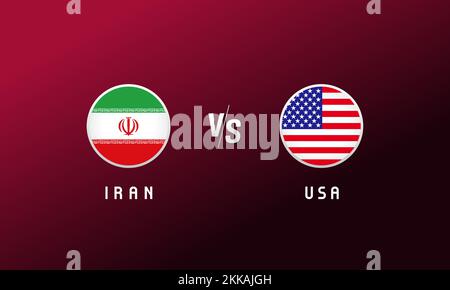 Emblema del round della bandiera Iran vs USA. Sfondo della copertina del calcio con il logo delle bandiere nazionali dell'Iran e degli Stati Uniti. Sport Vector Illustrazione per il design di tornei o com Illustrazione Vettoriale