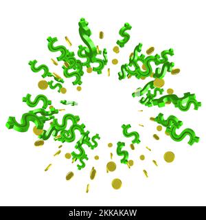 Simbolo del dollaro. Dollaro corrente. Modello rotondo di 3D simboli verdi realistici dollaro e monete d'oro rotanti in diverse posizioni. Può essere utilizzato per ad, po Illustrazione Vettoriale