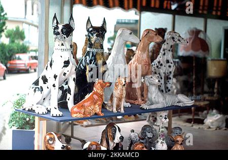 Diverse statue di cani all'esterno di un negozio di Lido di Jesolo. Jesolo è una località balneare. Foto scattata nel 1977. Foto Stock