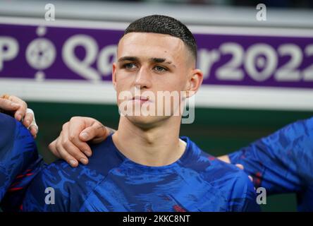 Phil Foden in Inghilterra prima della partita di Coppa del mondo FIFA di Gruppo B allo stadio al Bayt di al Khor, Qatar. Data immagine: Venerdì 25 novembre 2022. Foto Stock