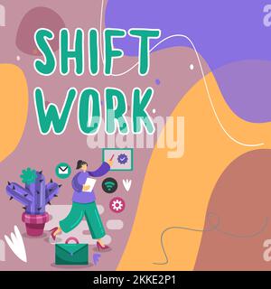 Scrittura visualizzazione testo lavoro Shift. Parola scritta sul lavoro comprendente periodi in cui gruppi di lavoratori svolgono i lavori a rotazione Foto Stock
