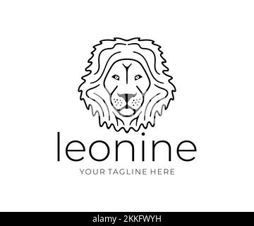 Testa di leone, leonine, animali, predatori, natura e fauna selvatica, design del logo. Muso di un leone, faccia di leone, silhouette e stile di linea, disegno vettoriale Illustrazione Vettoriale