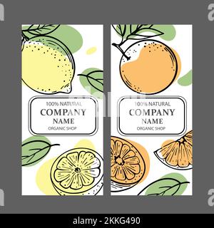 ETICHETTE ARANCIONE LIMONE adesivi ed etichette Design per Shop di prodotti naturali biologici e Dessert bevande prodotti in stile schizzo Vector Illustration Set Illustrazione Vettoriale