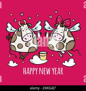 LASCIA BERE PER UN NUOVO ANNO due mucche divertenti Clink bicchieri Merry Natale Cartoon Holiday Bull disegnato a mano Hygge clip Art Vector Illustration Set per Prin Illustrazione Vettoriale