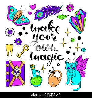 MAGIC LETTERING ILLUSTRAZIONE COLORE SIMBOLI mistici di Witchcraft Cartoon Holiday Halloween colorato schizzo disegnato a mano testo piatto disegno Vector Illustrat Illustrazione Vettoriale