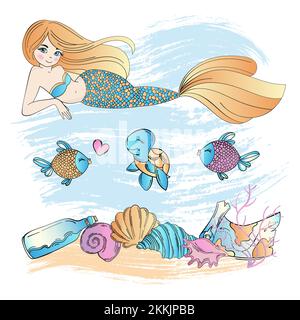 VITA MARINA Sirena Subacquea Princess Girl Cartoon Ocean Estate Tropical Cruise Vacation clip Art Vector Illustration Set for Print Illustrazione Vettoriale