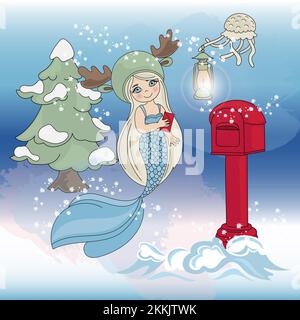 MERMAID ALBERO DI NATALE Cartoon Sea Princess Girl buon Natale nuovo anno clip Art Vector Illustration Set for Print Illustrazione Vettoriale
