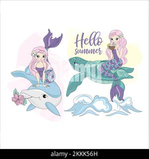 MERMAID TURTLE DOLPHIN Sea Underwater Princess Girl Cruise Tropical Cartoon Travel clip Art Vector Illustration Set for Print Illustrazione Vettoriale