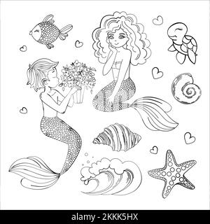 MERMAIDS MONOCROMATICO Sea Underwater Princess Girl Cartoon Travel Tropical clip Art Vector Illustration Set for Print Illustrazione Vettoriale